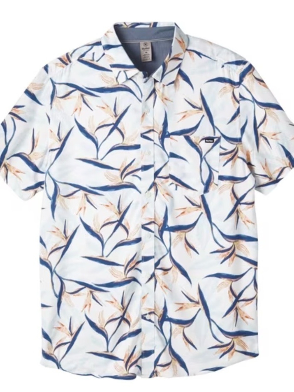 Hurley Men's Short-Sleeve Button-Down - White with Blue & Tan Leaf Print